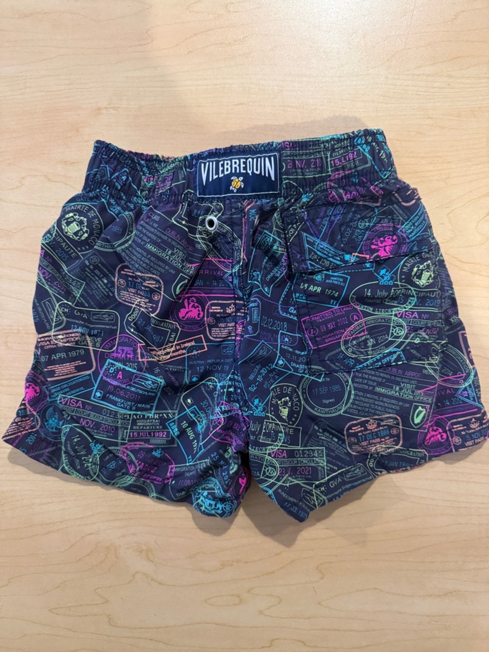 Vilebrequin Navy Swim Shorts with Neon Passport Stamp Print Size 2 (89cm)